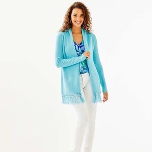 Lilly Pulitzer Tatum Long Fringe Hem Open Cardigan Blue Ibiza XS NWT